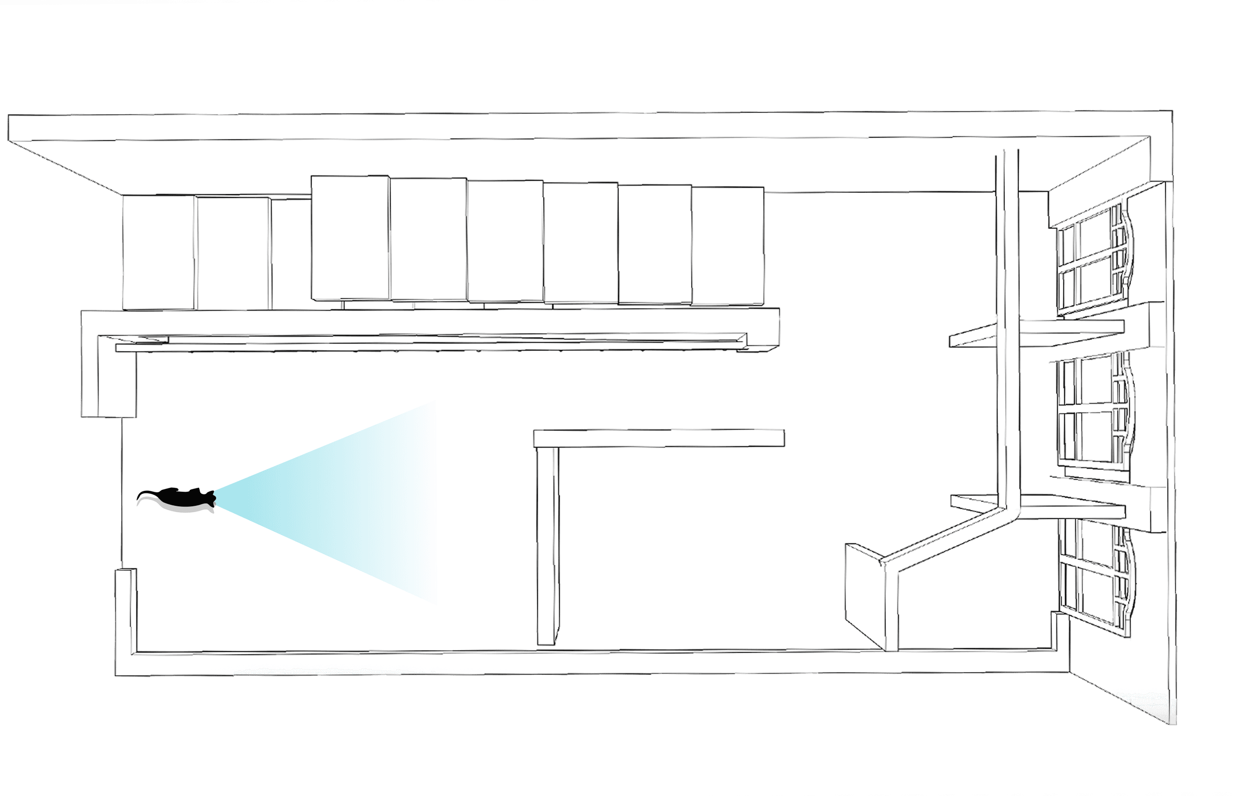 Kuro Cat 猫咪酒店二楼俯视线稿图，一只猫咪剪影面朝左侧的大堂墙面