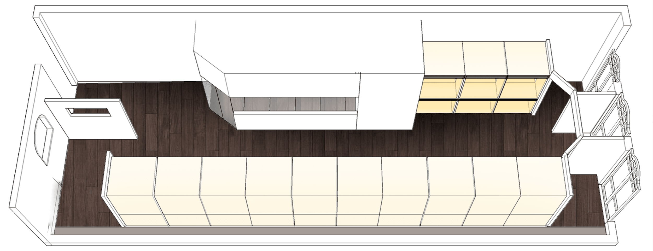 Kuro Cat 猫咪酒店三楼立体示意图：共享玩耍区与沿墙排列的别墅套房