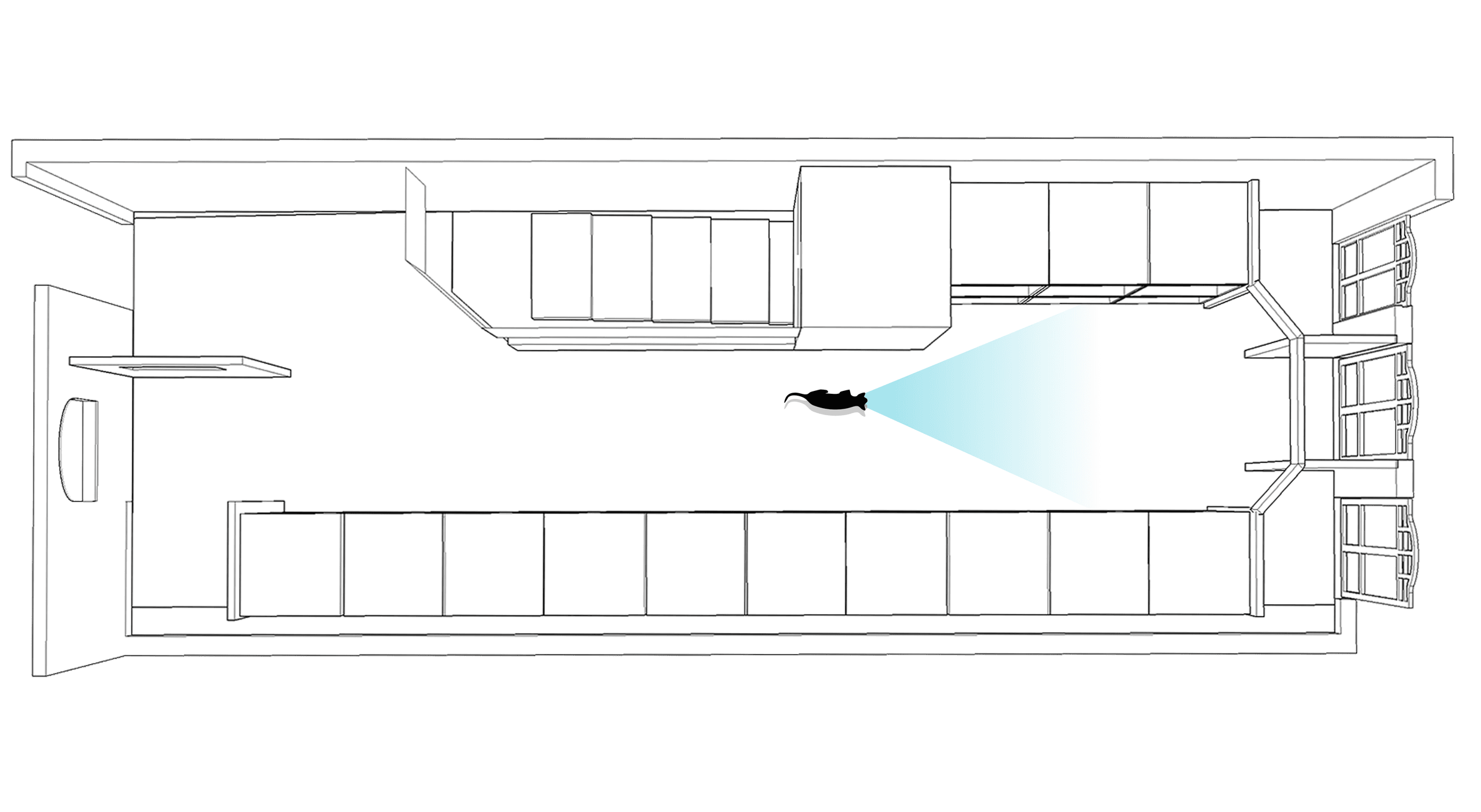 Top-down line drawing of Kuro Cat Hotel Level 3 with a cat silhouette facing the villa row on the right