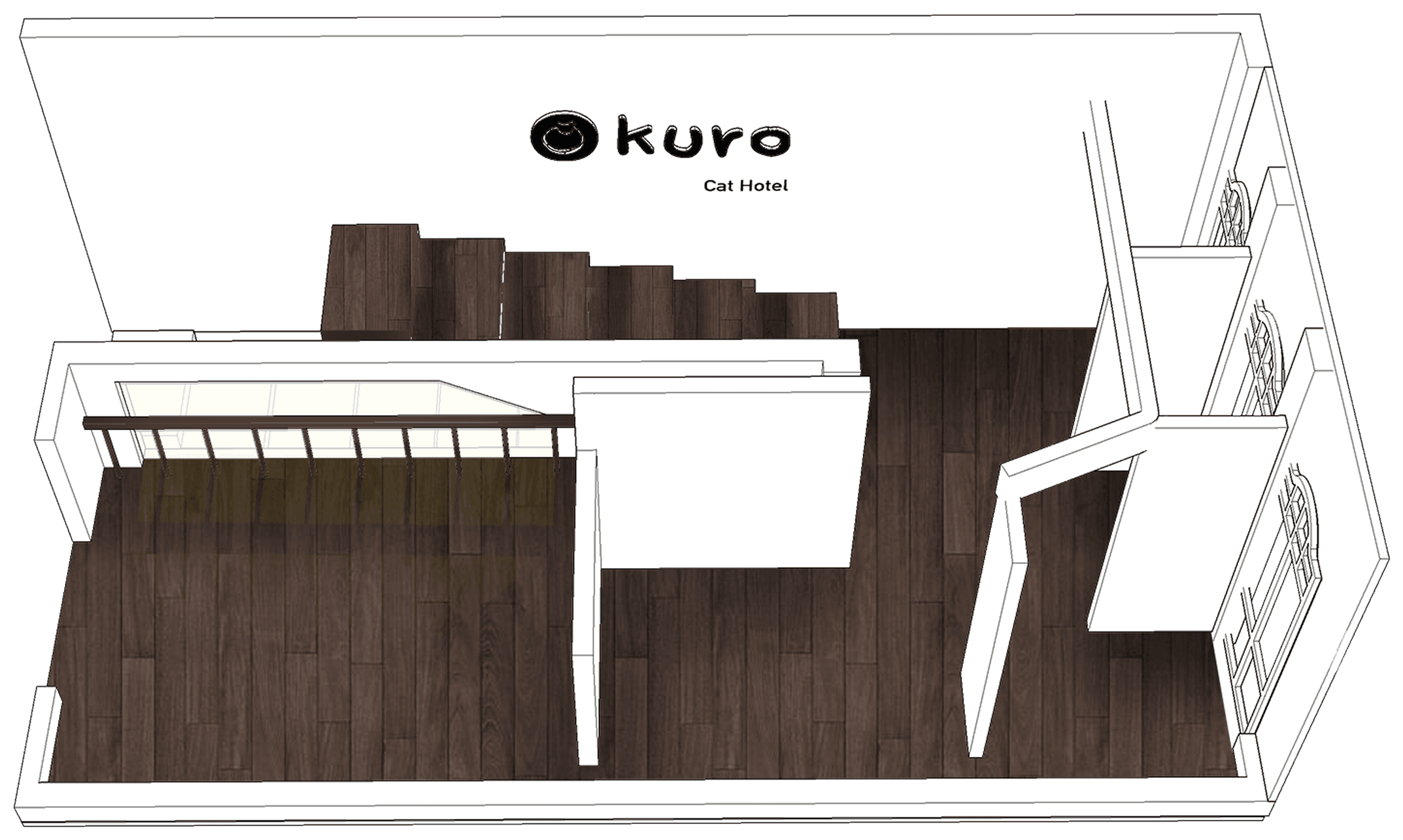 Kuro Cat 猫咪酒店二楼立体示意图:大堂休息区,深色木地板搭配台阶平台与斜坡、采光井开口,右侧墙面设有两间别墅套房,上方为品牌标识